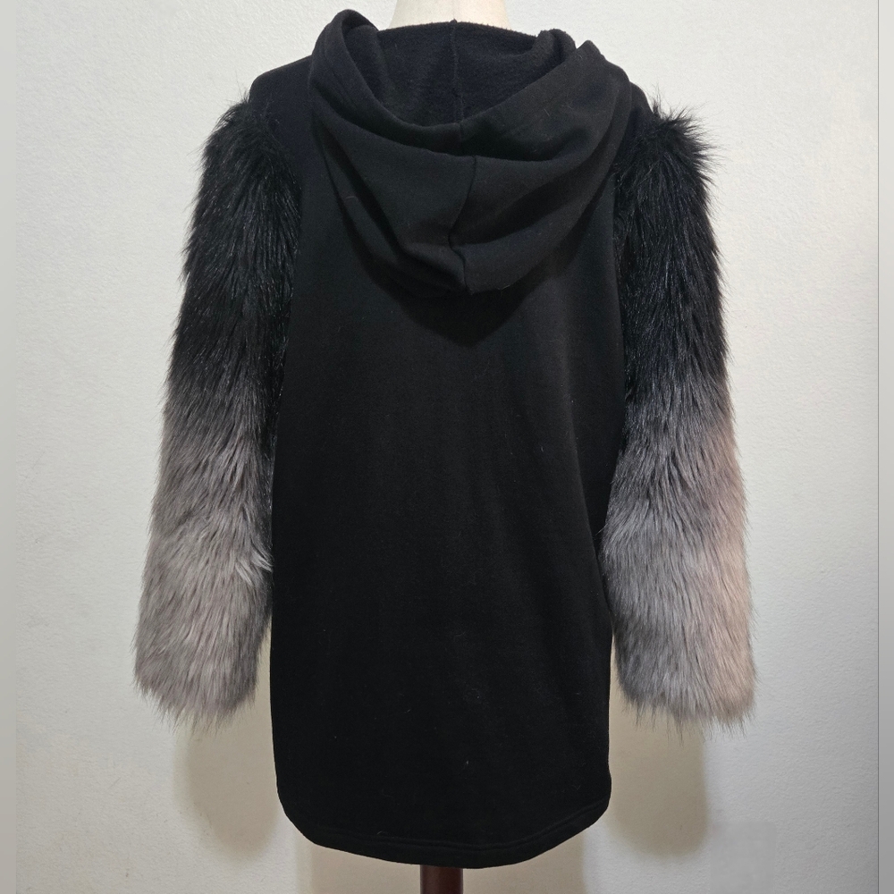 ZARA Black Zippered Hoodie Sweater Black Gray Ombre Faux Fur Sleeves Medium - Picture 4 of 15